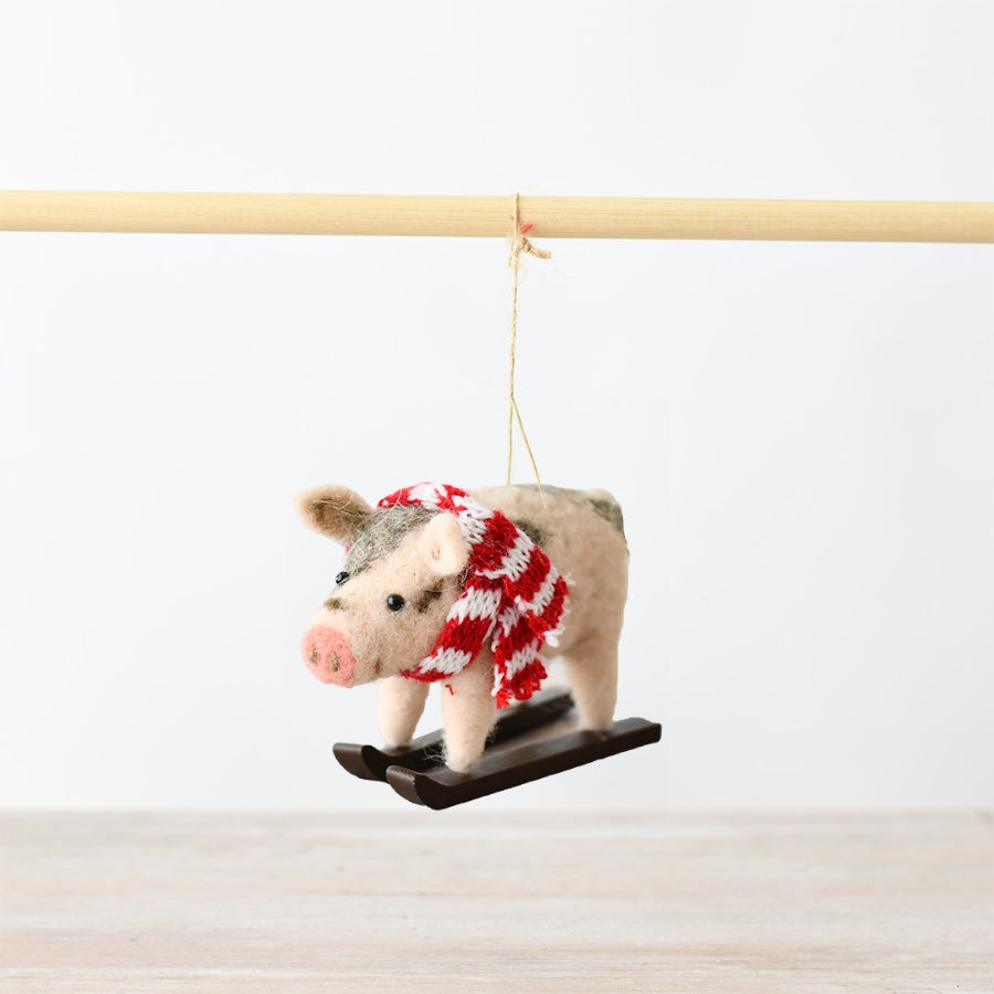 Wool Guinea Pig on Sledge Decoration 11cm – Felt Christmas Tree Ornament Cute Festive Hanging Decor