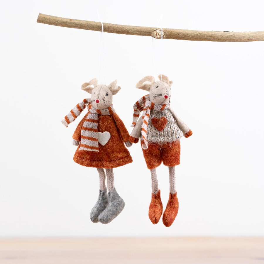 Hanging Jumper Mice, 15cm Felt Decorations, 2 Assorted, Winter Mice Ornaments