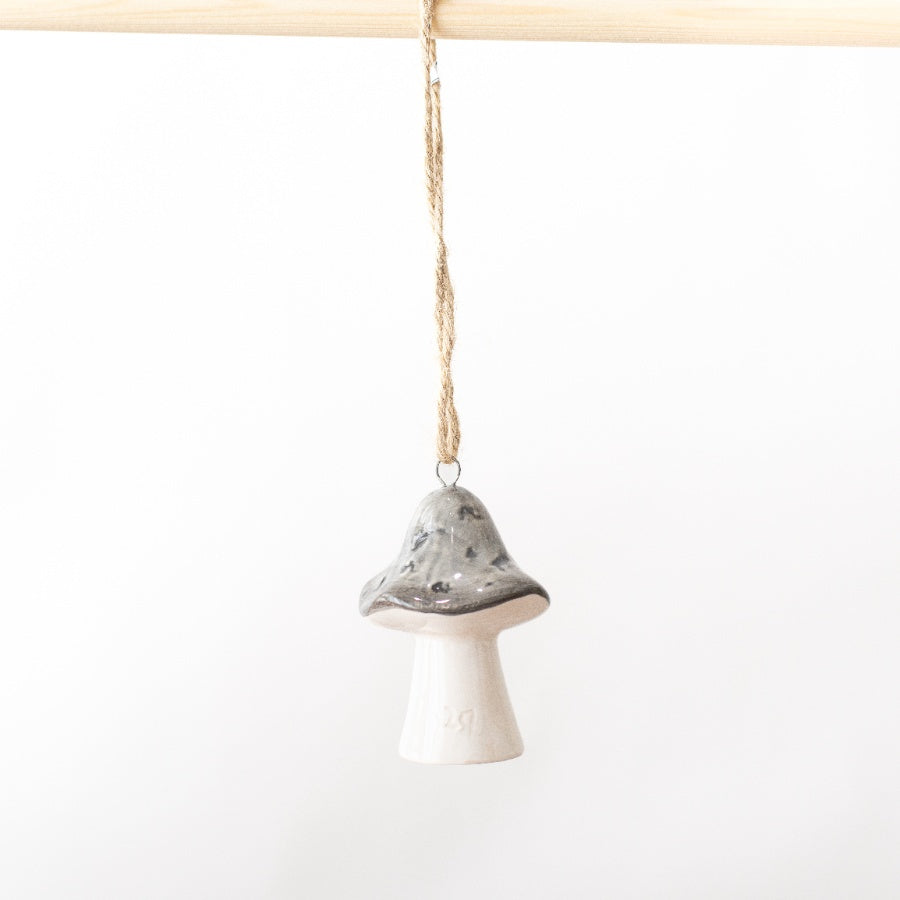 Grey Mushroom Hanging Decoration, 7cm Ceramic Woodland Ornament for Tree Display