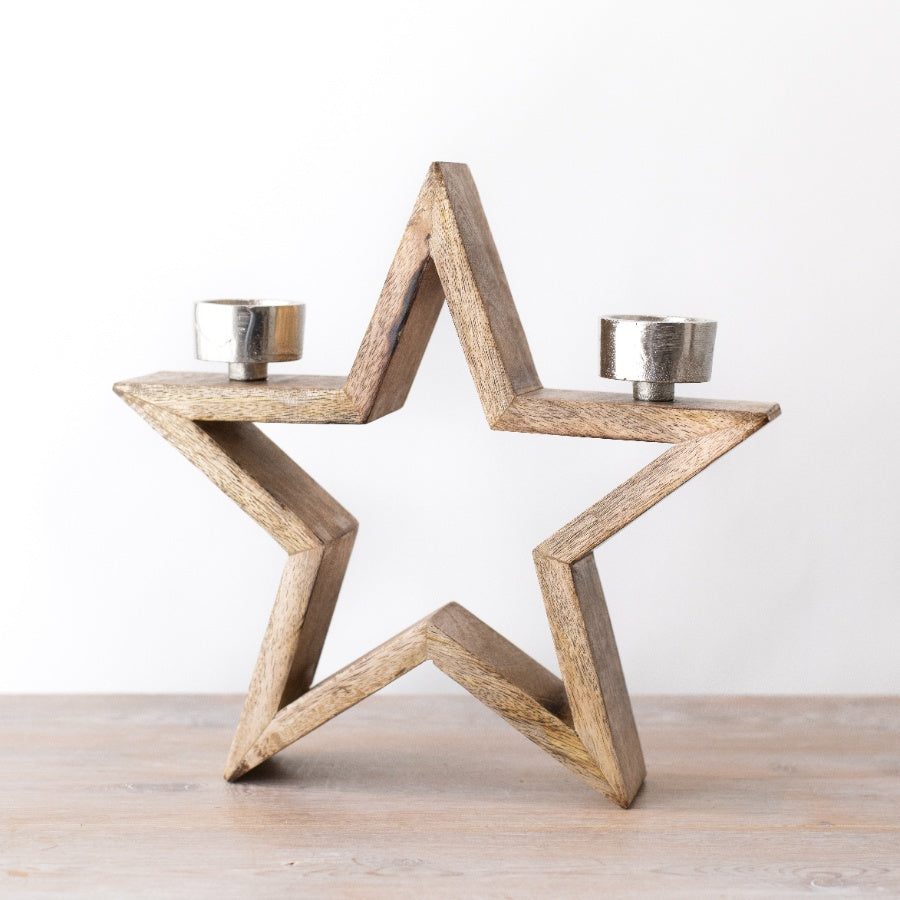 Wooden Star with Tealight Holders 28cm Rustic Home Decor, Aluminium Accents