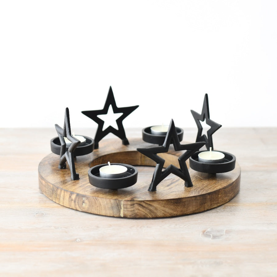 Black Star T-Light Holder on Wooden Base 30cm, Festive Candle Display
