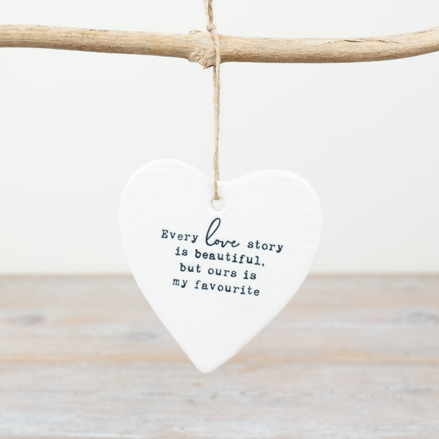Porcelain Hanging Heart with Romantic Quote 9cm, Sentimental Gift, Jute Twine