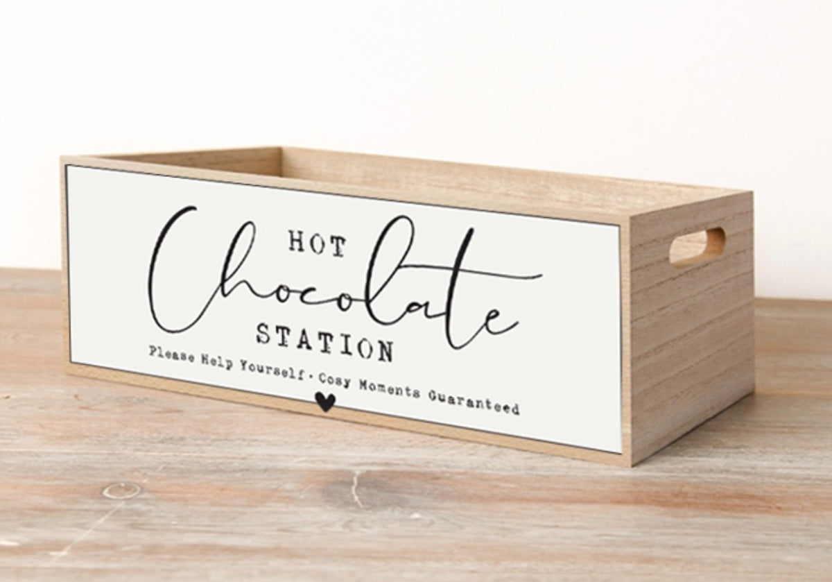 Wooden Hot Chocolate Station Crate Whitewashed Wooden Storage Caddy Rustic Kitchen Home Décor Gift 24cm