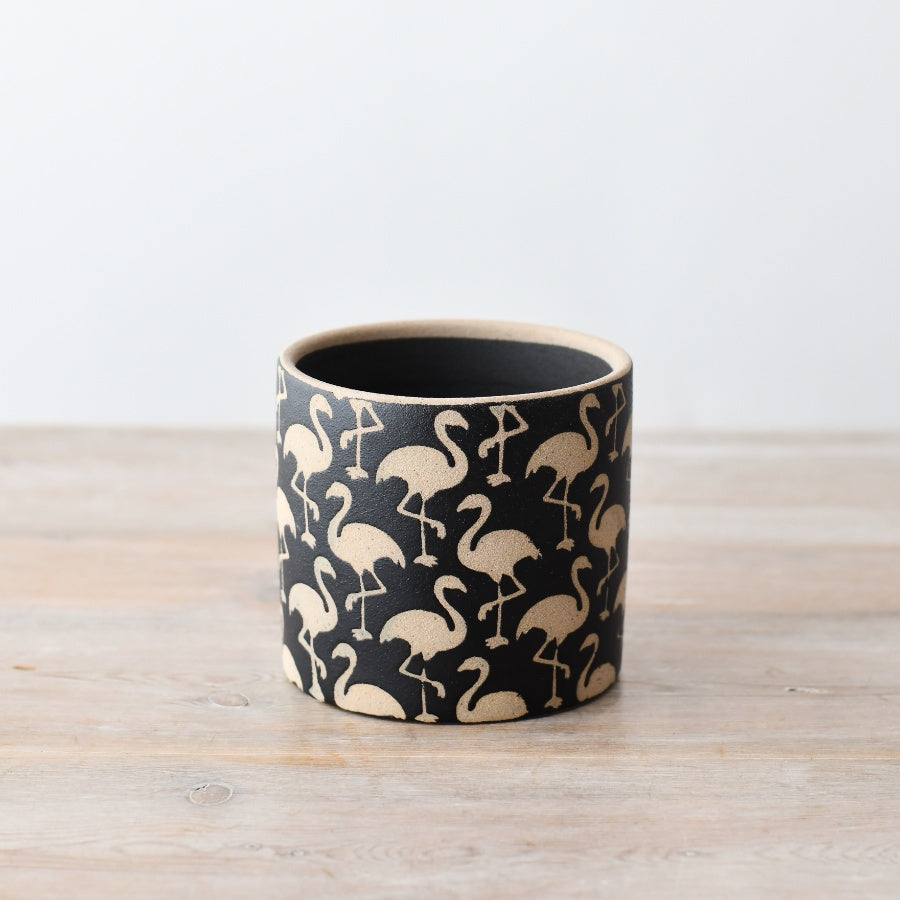 Stoneware Flamingo Planter, 14cm, Elegant Black & Cream Plant Pot Decor