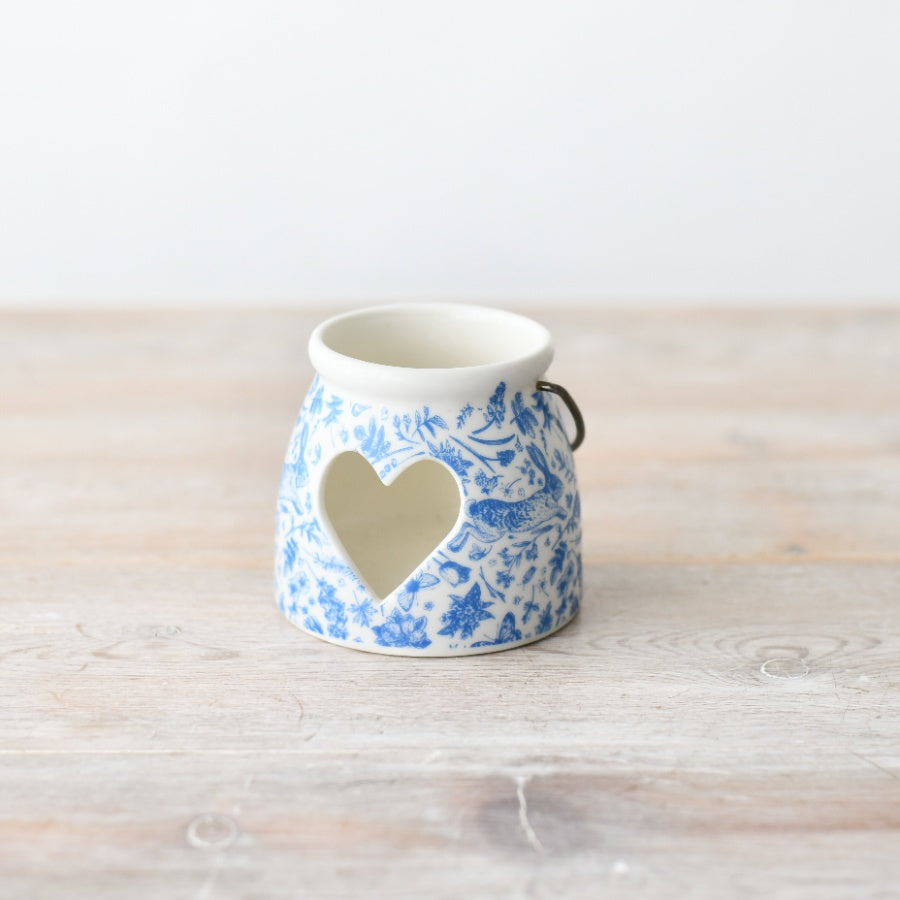 Blue Hare Candle Holder 7cm – Hand Painted Floral Tealight Holder with Handle Rustic Home Decor