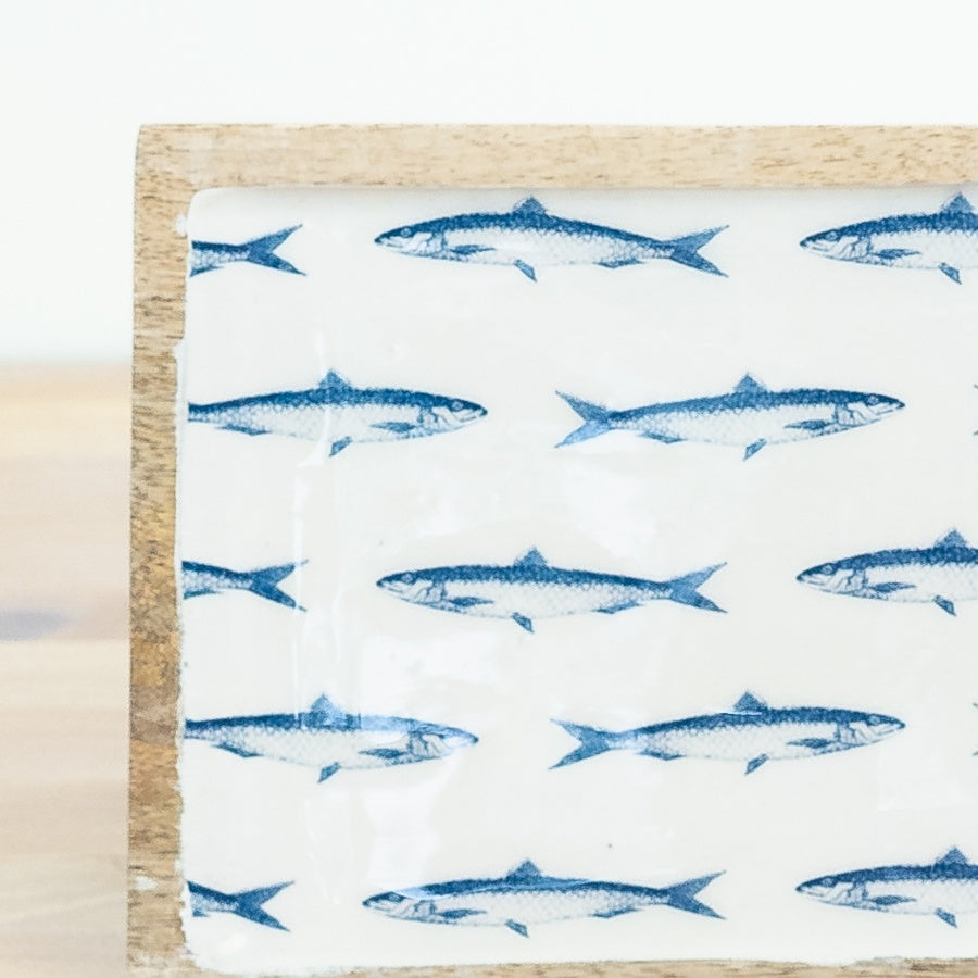 Wooden Fish Tray 30cm – Rustic Blue Fish Pattern Tray, Coastal Key & Trinket Holder for Home Decor