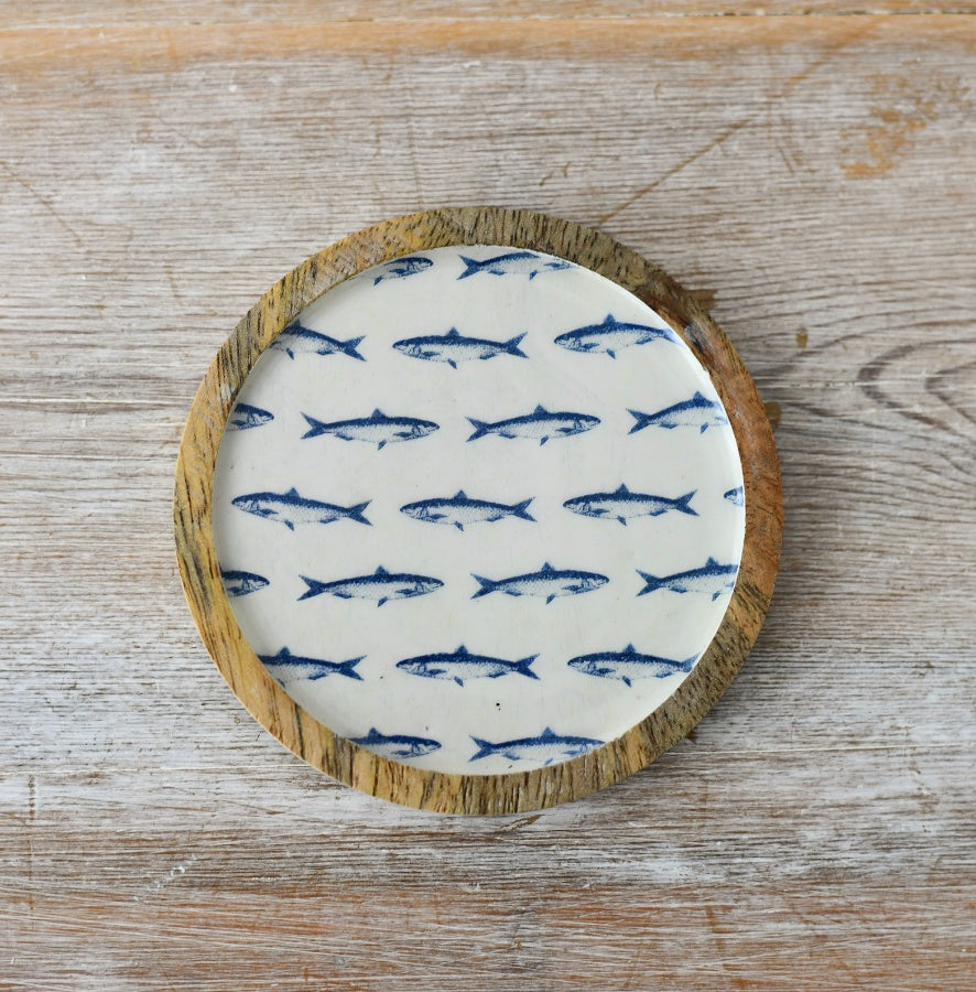 Coastal Wooden Fish Coaster 10cm – Natural Wood Drink Mat with Raised Lip Rustic Beach Home Decor