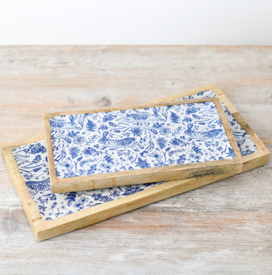Rabbit Design Enamel Tray 30cm – Wooden Floral Bunny Trinket Tray Spring Home Decor