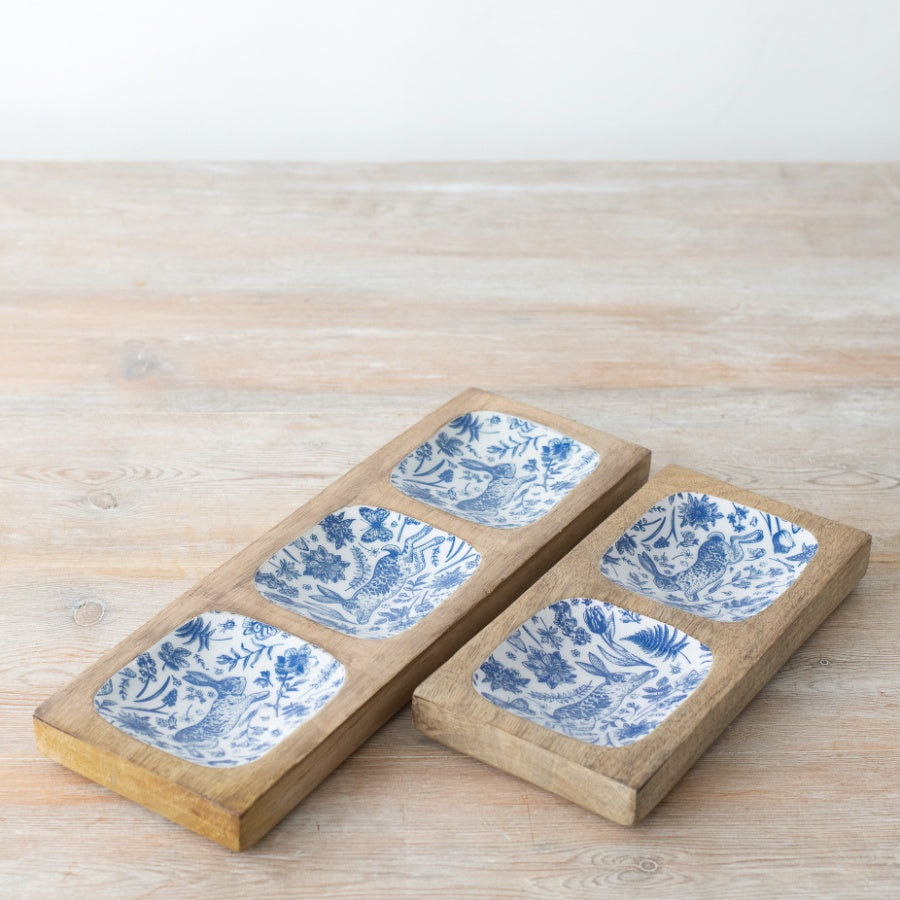 Rabbit Design Serving Tray 30cm – Wooden Enamel Tray with Blue Bunny Illustration Easter Table Decor
