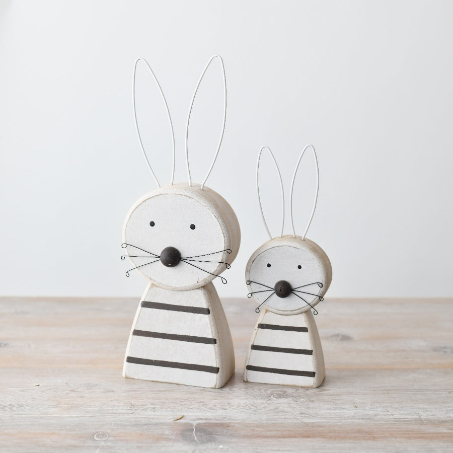 Large Wooden Rabbit Decoration 27cm – White Striped Bunny Figurine Rustic Easter Spring Home Decor