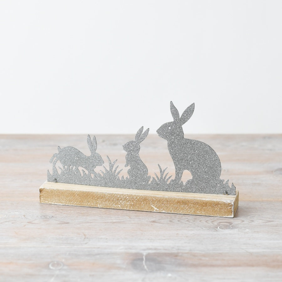 Metal Rabbits on Base Ornament, 18cm Rustic Spring Bunny Decor