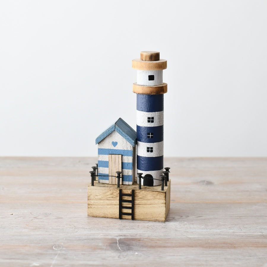 Blue & White Lighthouse and Beach Hut Decoration 21cm, Wooden Nautical Ornament with Coastal Charm