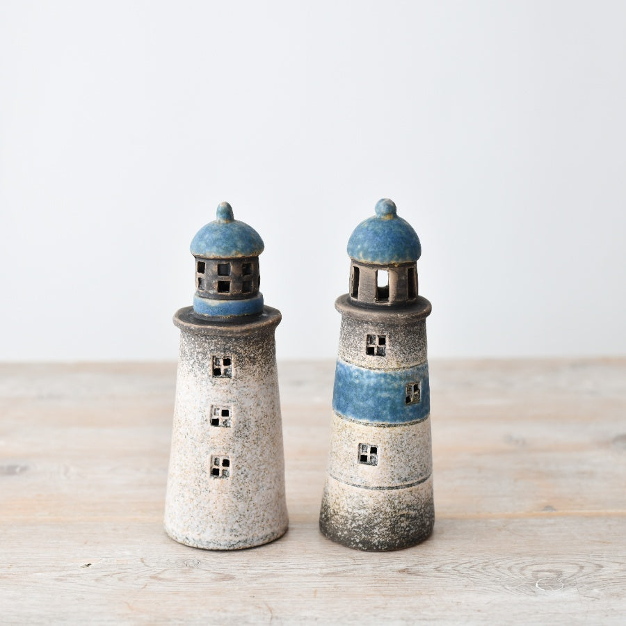 LED Speckled Blue Lighthouse Decoration 15.6cm, Hand-Finished Nautical Light-Up Ornament, Coastal Mantelpiece & Side Table Accent