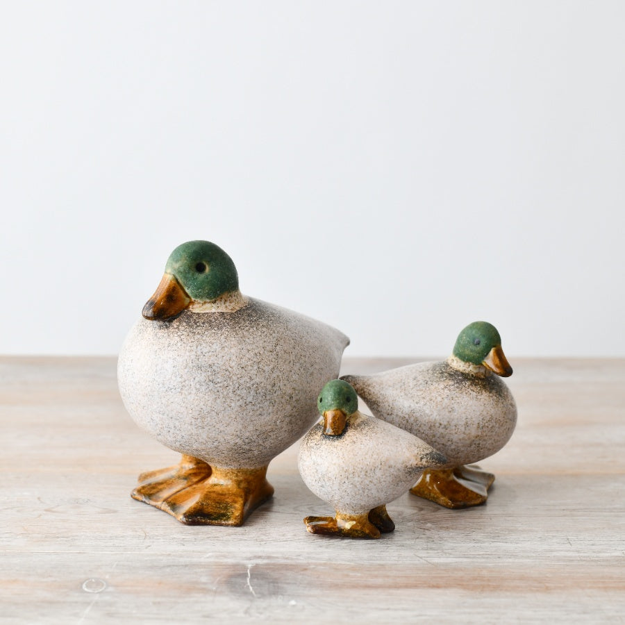 Fat Duck Figurine, Speckled White with Green Head, 14.8cm
