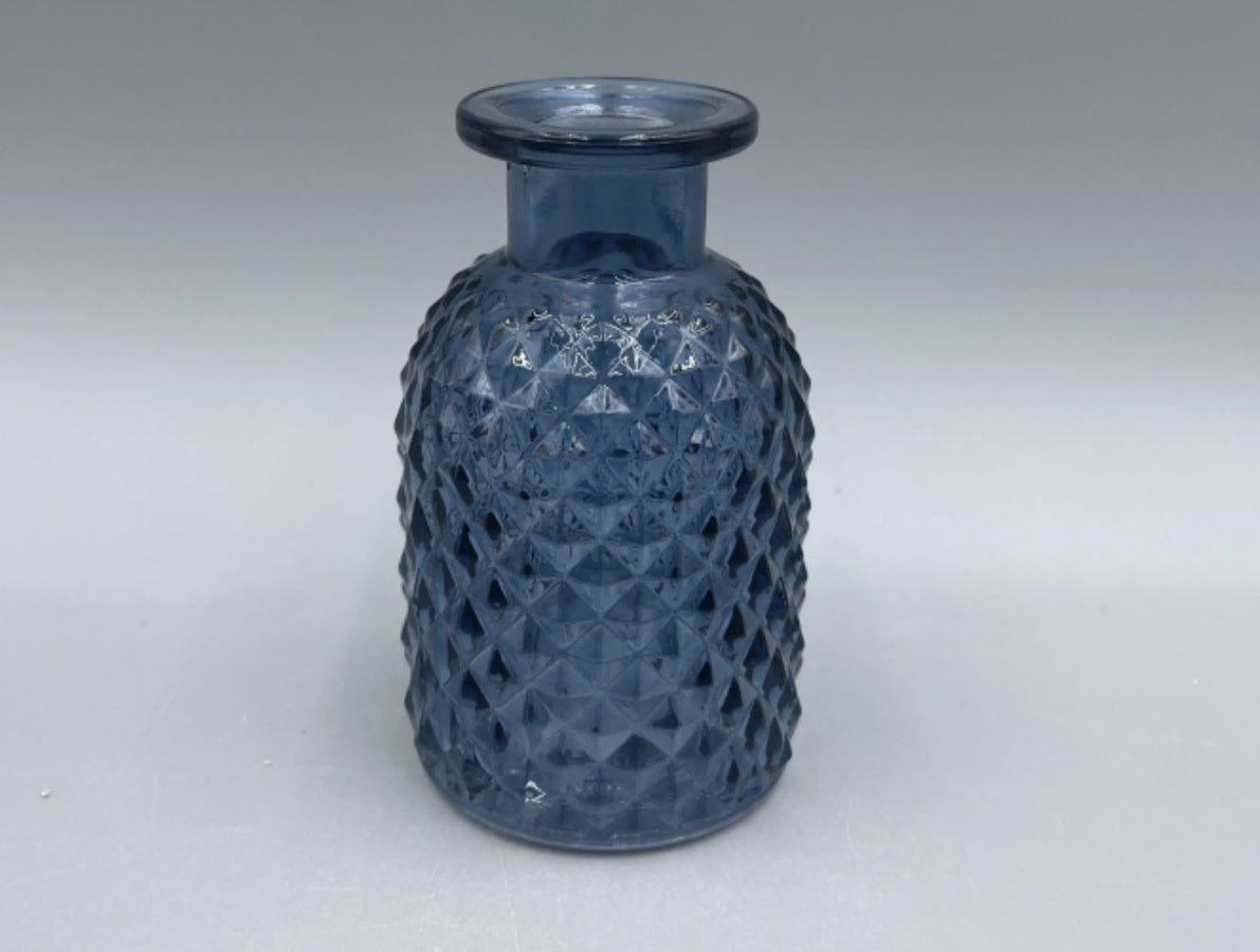 Blue Patterned Glass Bottle Vase 9.2cm, Small Decorative for Flowers, Stylish Coloured Glass Home Accent
