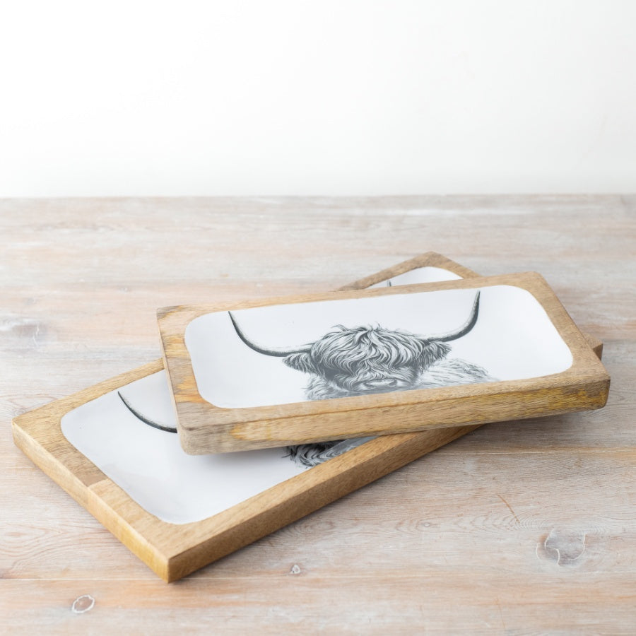 Highland Cow Enamel Tray 30cm – Rustic Farmhouse Serving Tray, Country Kitchen Decor for Tea, Snacks & Display