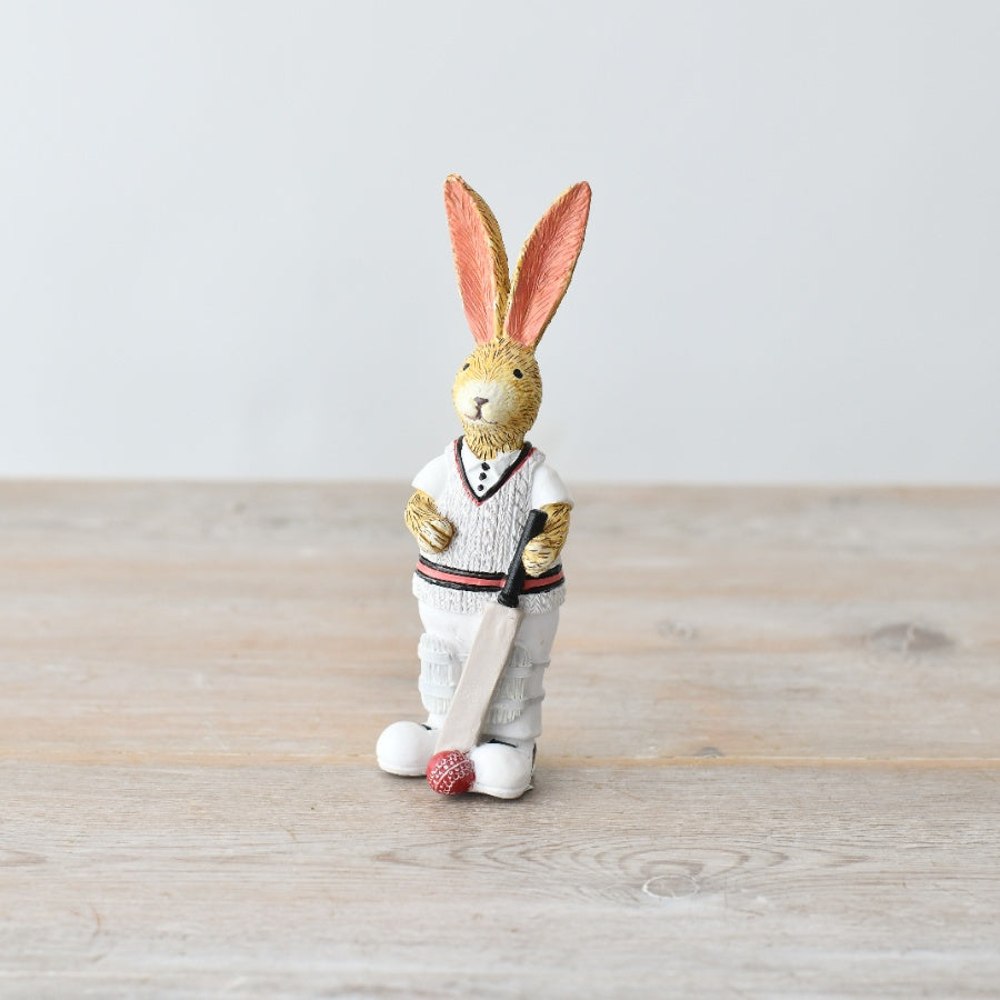 Jasper Rabbit Cricket 14cm – Country Rabbit Figurine, Whimsical British Countryside Decor for Shelf Styling