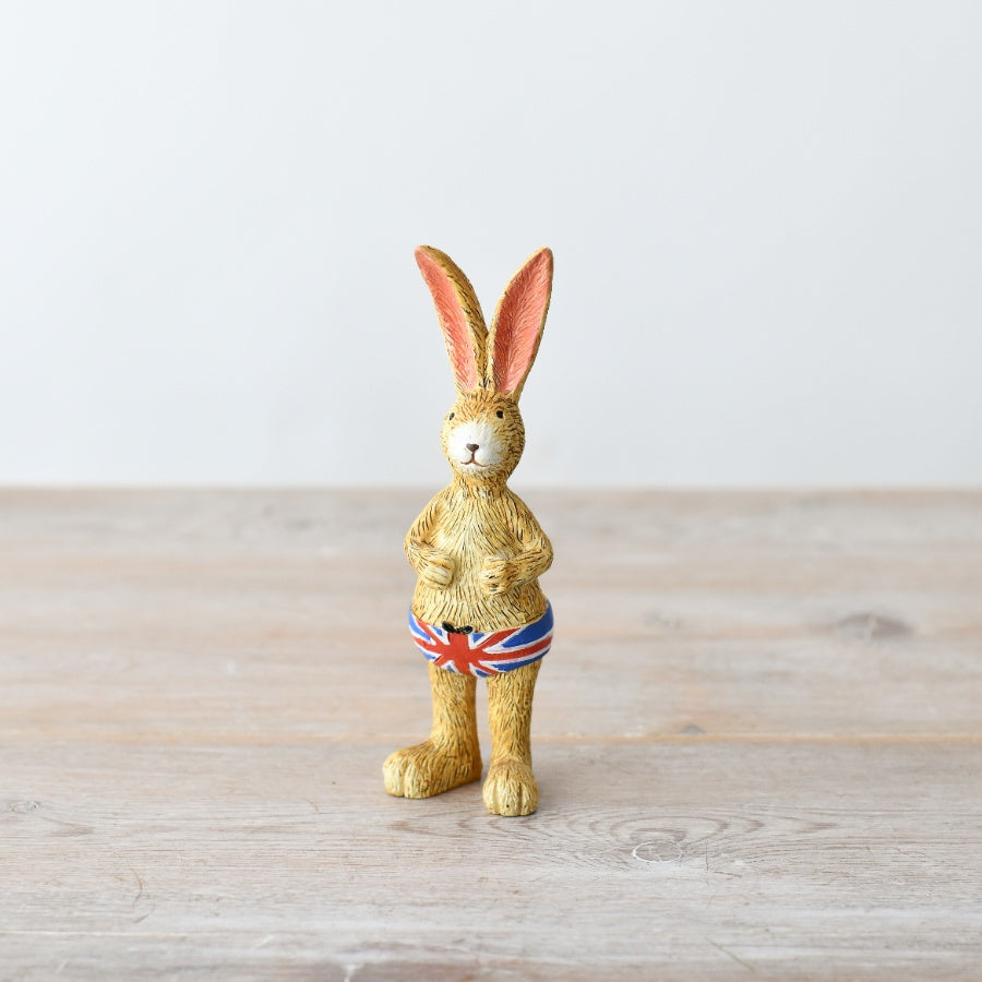 Jasper Rabbit Figurine with Union Jack Trunks, 14cm, British Patriotic Polyresin Decor, Perfect Gift for Animal Lovers & Collectors