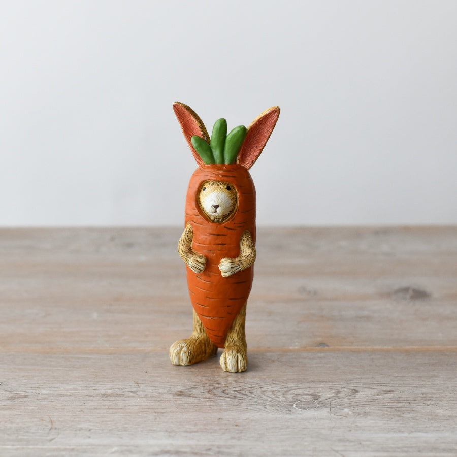Jasper Rabbit in Carrot Costume Figurine, 14cm, Whimsical Rabbit Decor for Animal Lovers & Collectors, Unique Gift Idea