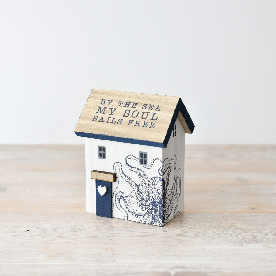 Wooden House 12cm, ''By the Sea My Soul Sails Free” Nautical Shelf Decoration with Octopus Detail, Coastal Rustic Home Decor