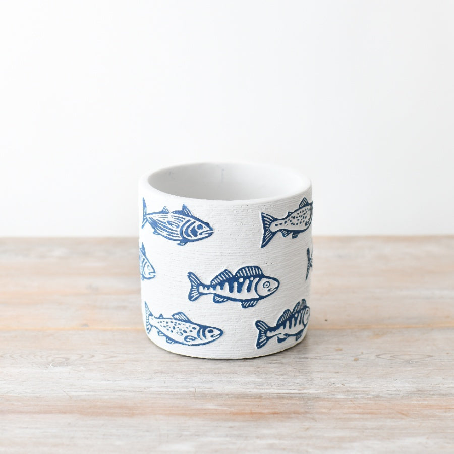 Blue & White Fish Design Ceramic Planter 14cm – Nautical Coastal Pot for Succulents, Herbs, and Small Plants – Decorative Home Décor for Beach-Inspired Spaces