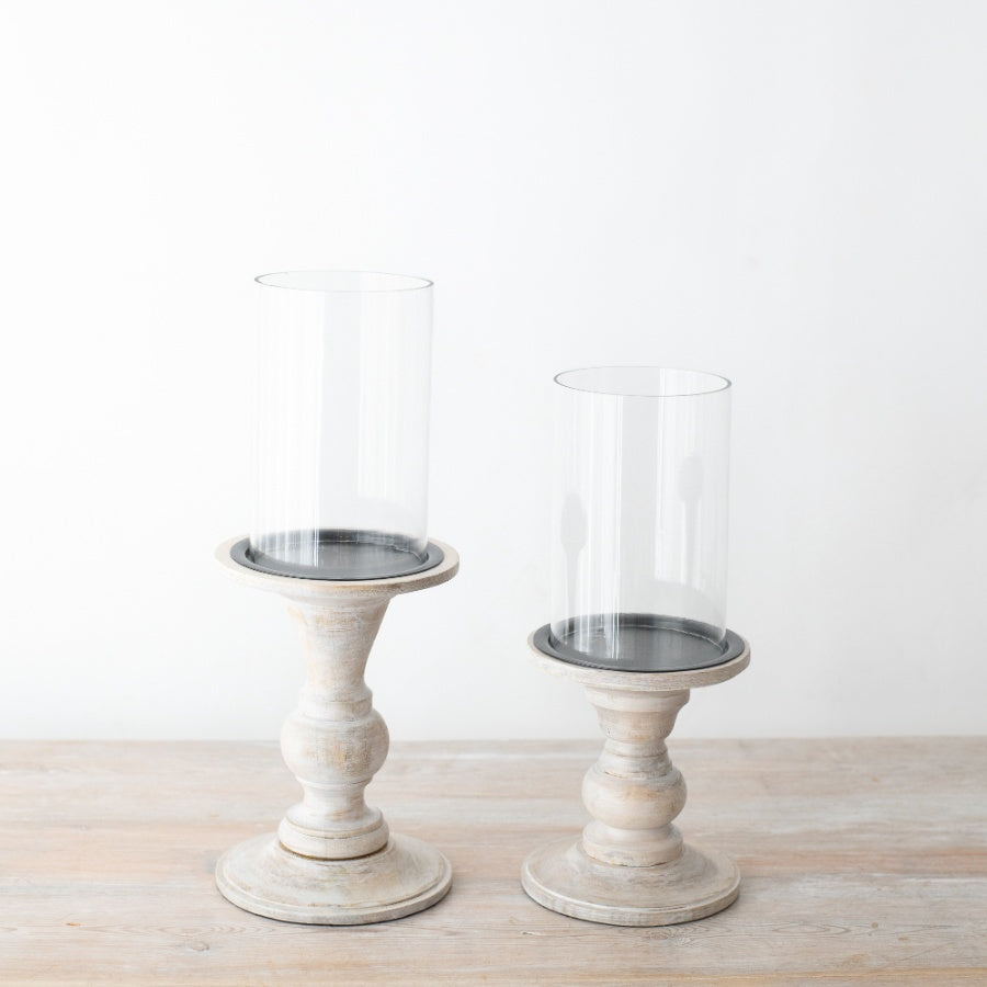Pillar Candle Holder with Glass 35cm – Wooden Base Hurricane Candle Holder for Table Mantel Decor