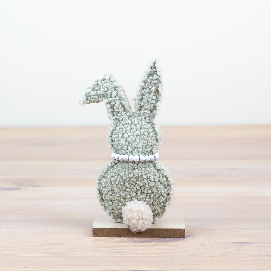 Sherpa Rabbit Decoration – 2 Assorted Green & Brown Bunnies on Wooden Base – 17cm Easter Shelf Decor – Cozy Cottage Spring Ornament – Style Sent Randomly