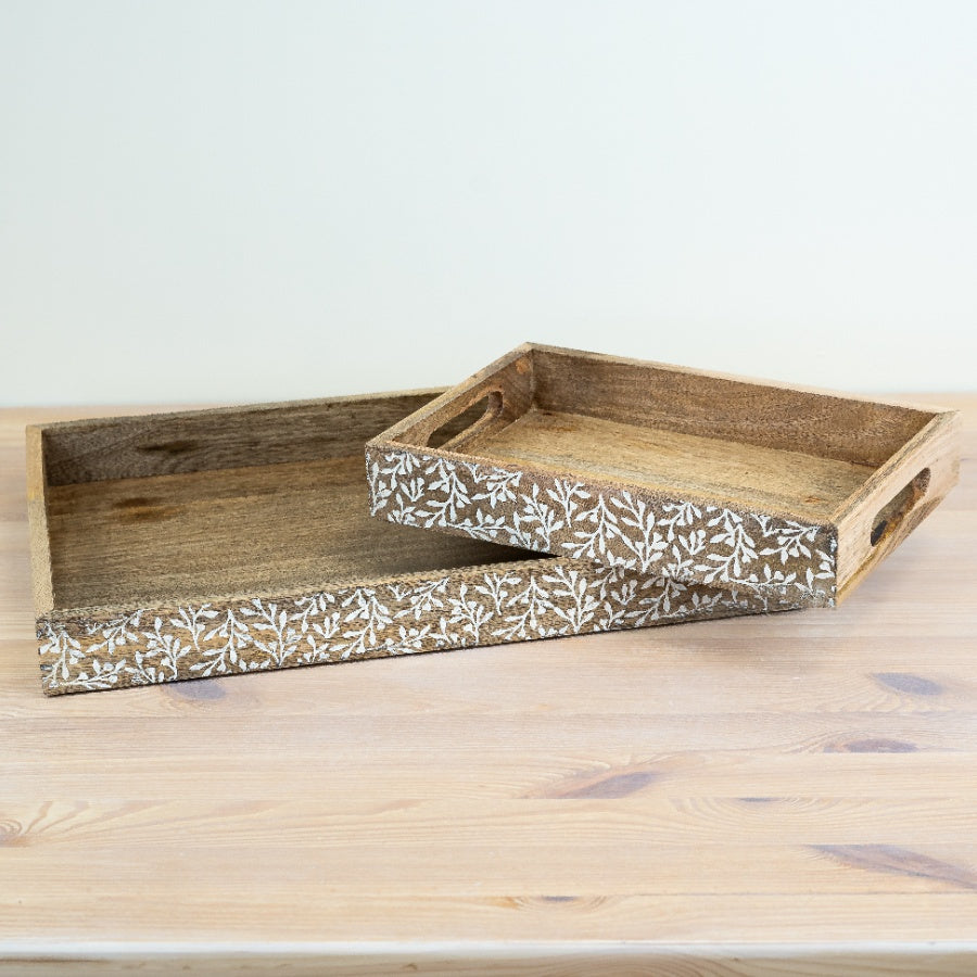 Flower Design Wooden Tray 45cm – Intricately Carved Floral Pattern – Large Serving Tray for Drinks, Snacks, or Decorative Display – Natural Wood Finish