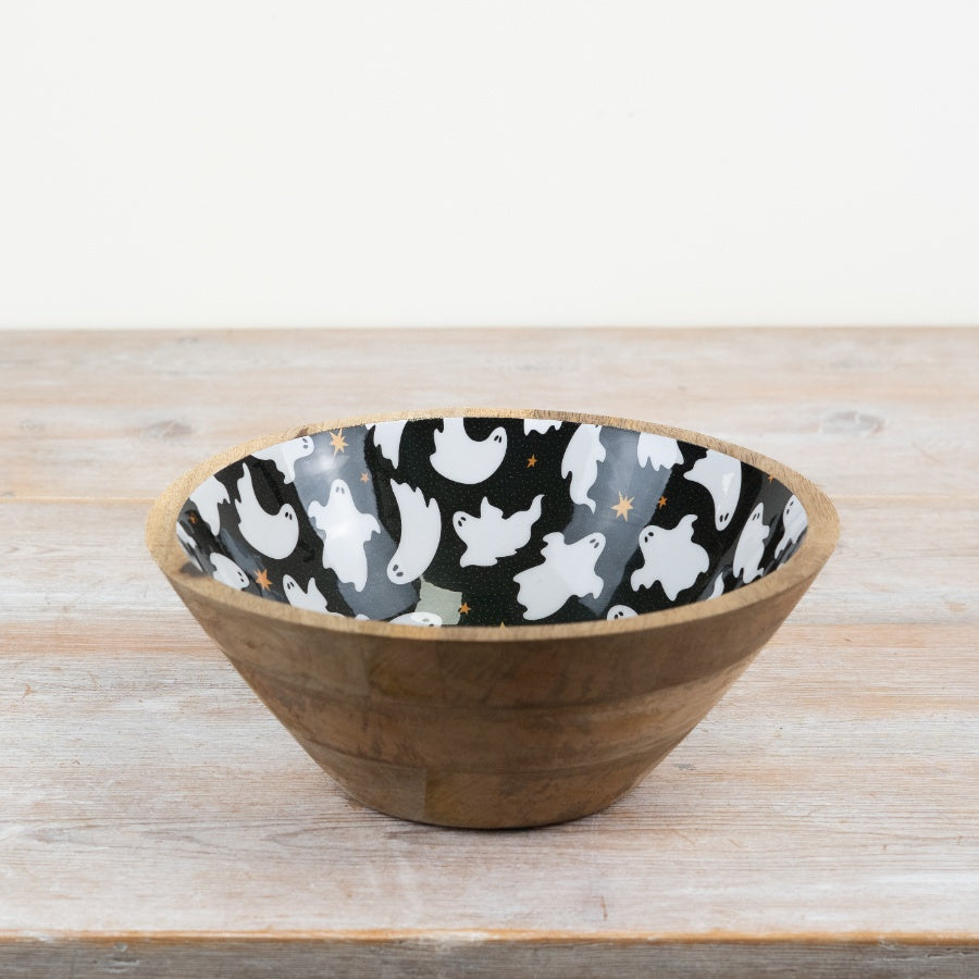 Ghost Design Enamel and Wood Bowl 23cm, Spooky Chic Halloween Decor
