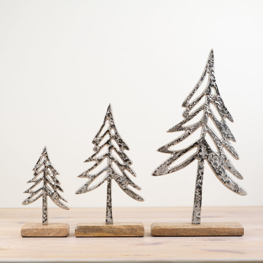 Aluminium Christmas Tree on Base 41cm Silver Hammered Effect Rustic Festive Decor