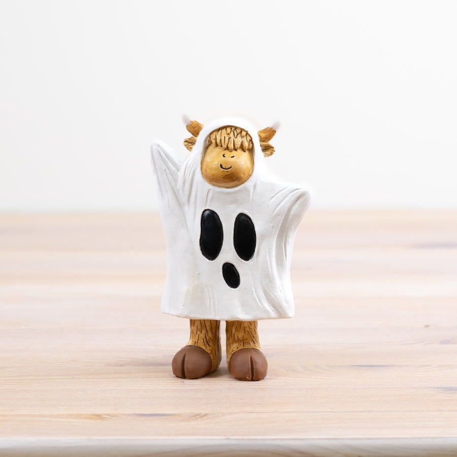 Highland Cow Ghost Figure 12cm Spooky Polyresin Halloween Mantel Decoration