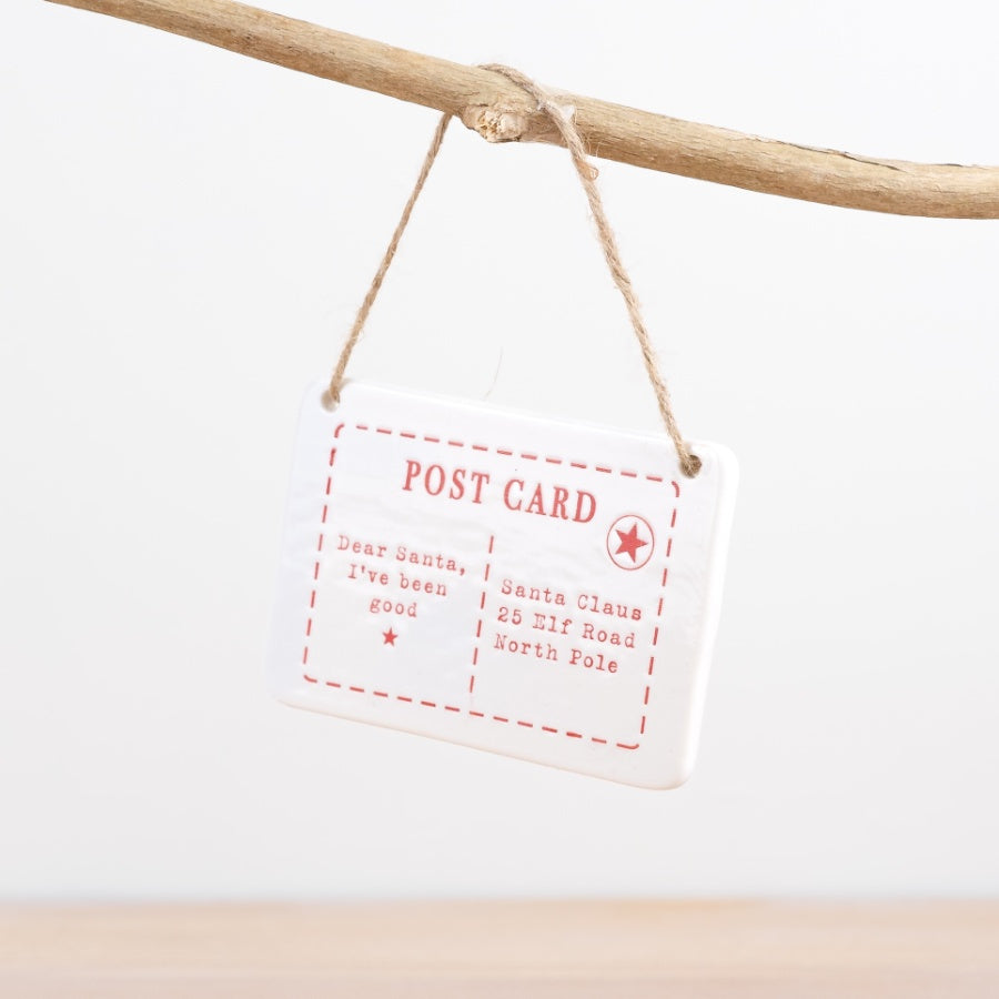 Dear Santa Postcard Hanging Decoration 11cm – Festive Christmas Ornament, Red & White Letter to Santa Wall or Tree Decor