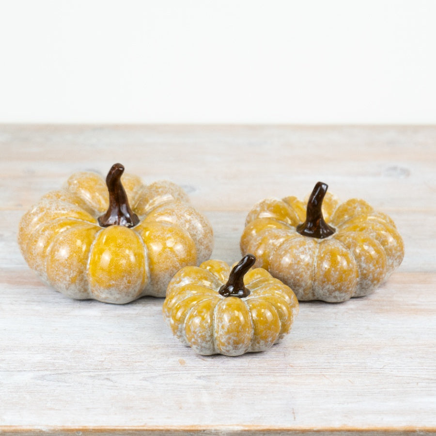 Yellow Orange Patterned Pumpkin Decoration 11cm – Porcelain Autumn Ornament Elegant Fall Home Decor