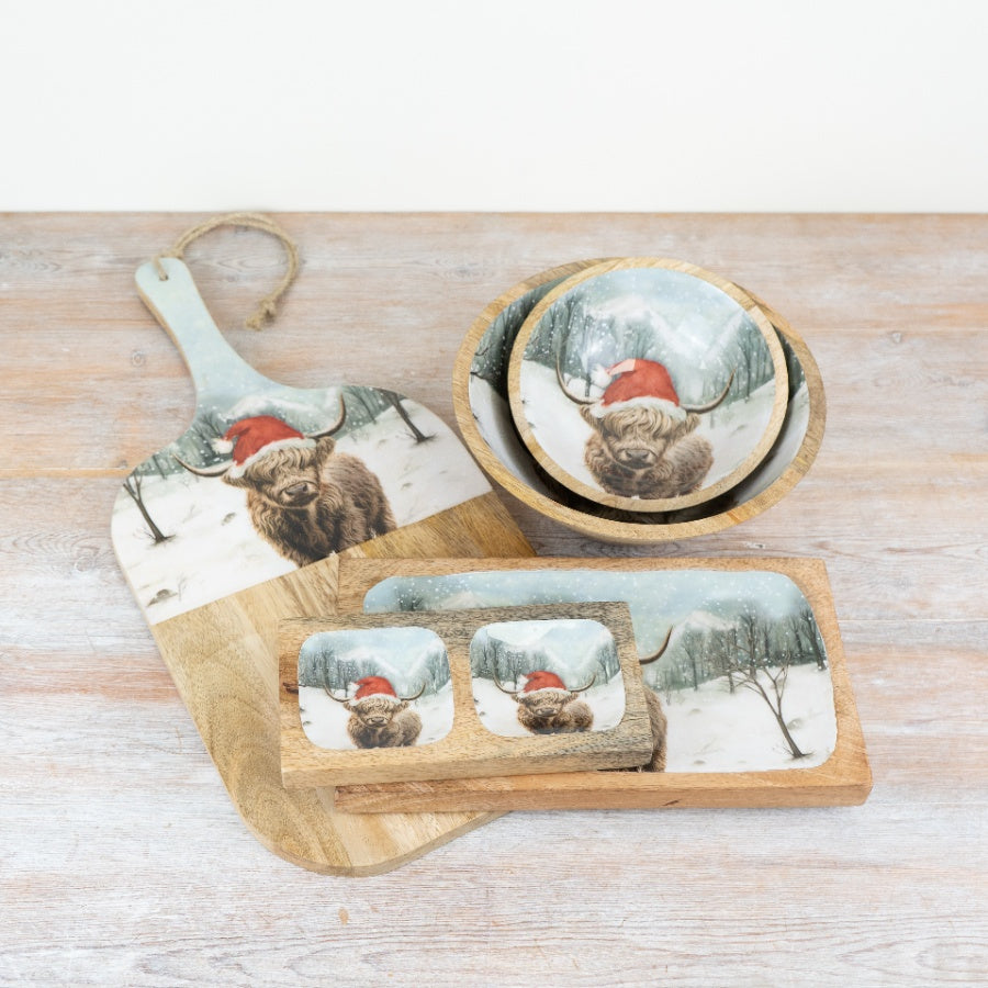 Winter Highland Cow Enamel Tray 40cm, Large Rustic Seasonal Serveware