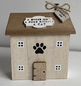 House Is Not a Home Without a Cat Wooden House Ornament 9cm – Rustic Cat Lover Decor Cute Shelf Accent Gift