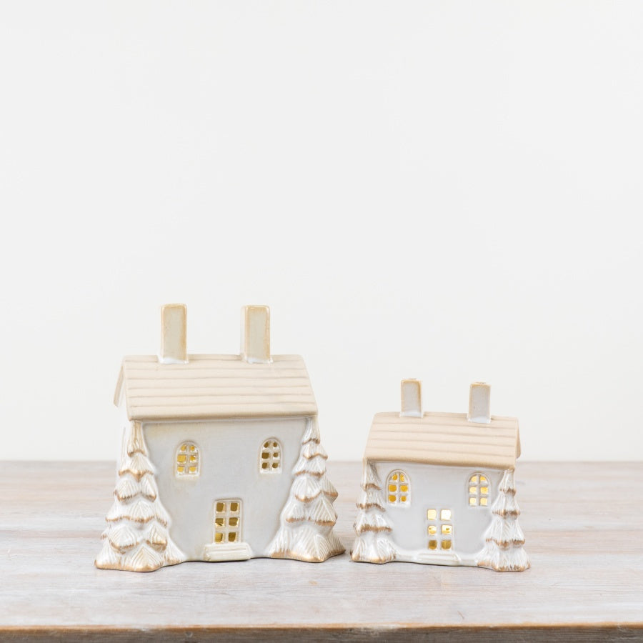 LED House Ornament with Gold Tree – 12cm Hand-Finished Christmas Decoration, Warm Glow