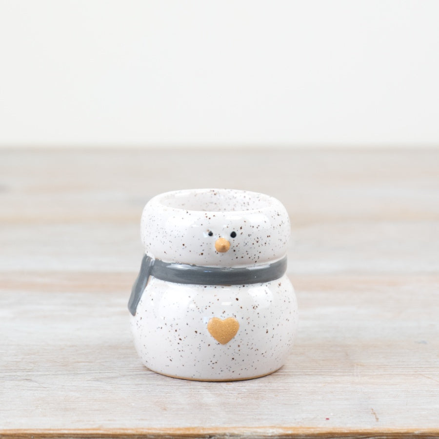 6.8cm Speckled Snowman Tealight Holder – Grey & White Stoneware Christmas Decoration