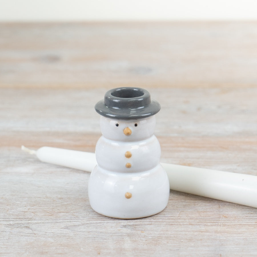 9.5cm Speckled Snowman Tealight Holder – Grey & White Stoneware Christmas Decoration