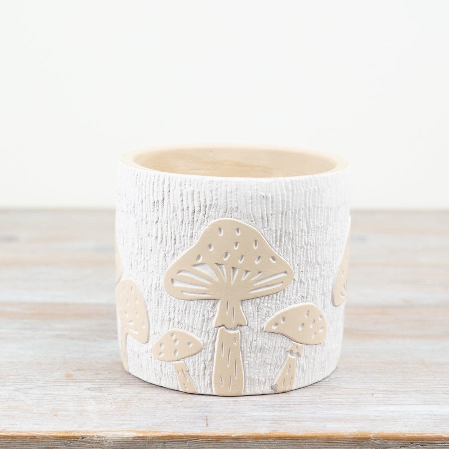 White and Cream Mushroom Cement Planter 14cm – Rustic Garden Plant Pot, Nature-Inspired Indoor Outdoor Decor Accent