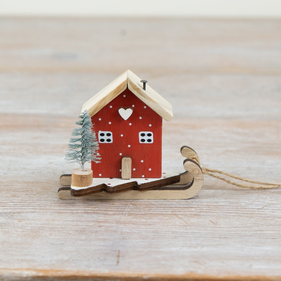 Wooden House on Sleigh – 8cm Nordic Christmas Ornament, Festive Mantel & Table Decoration