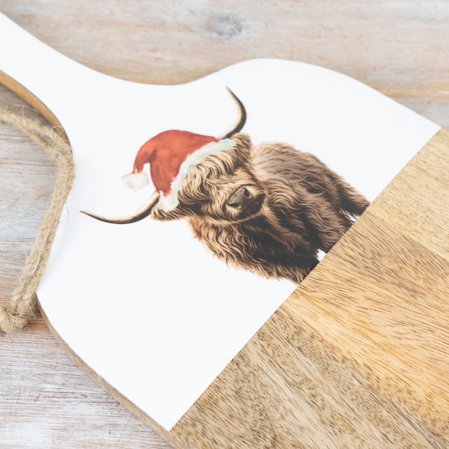 Festive Highland Cow Chopping Serving Board 50cm Rustic Kitchen Decor