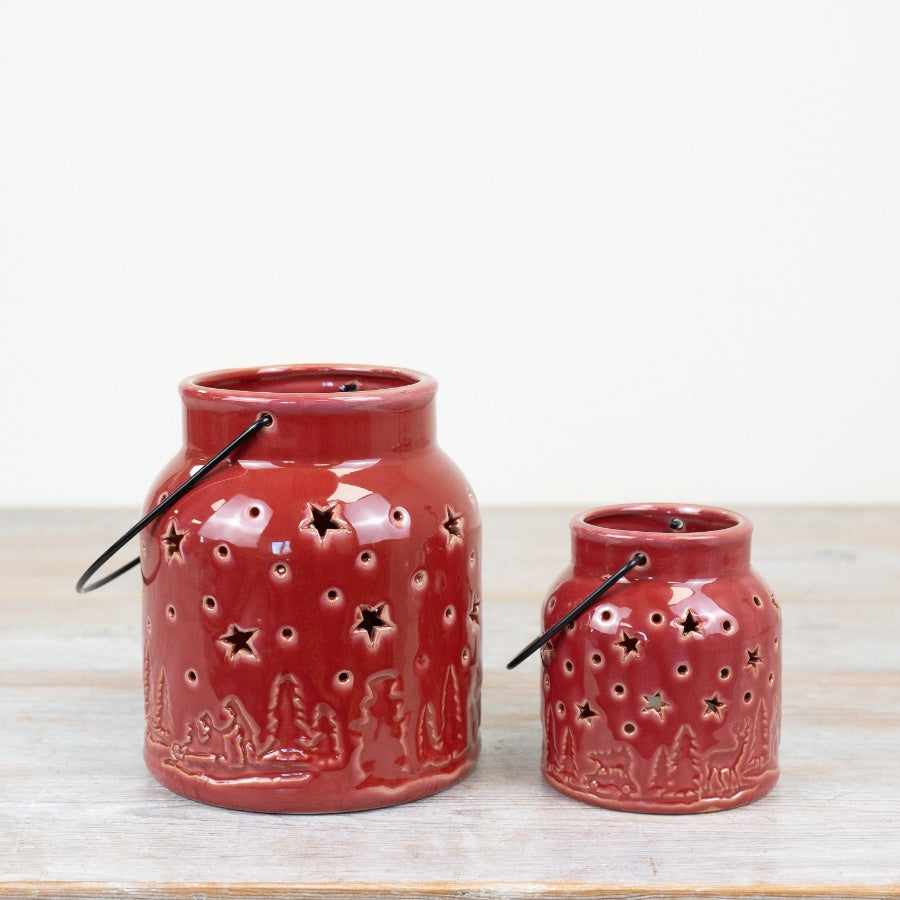 Festive Red Lantern with Scene – 10cm Ceramic Christmas Candle Holder