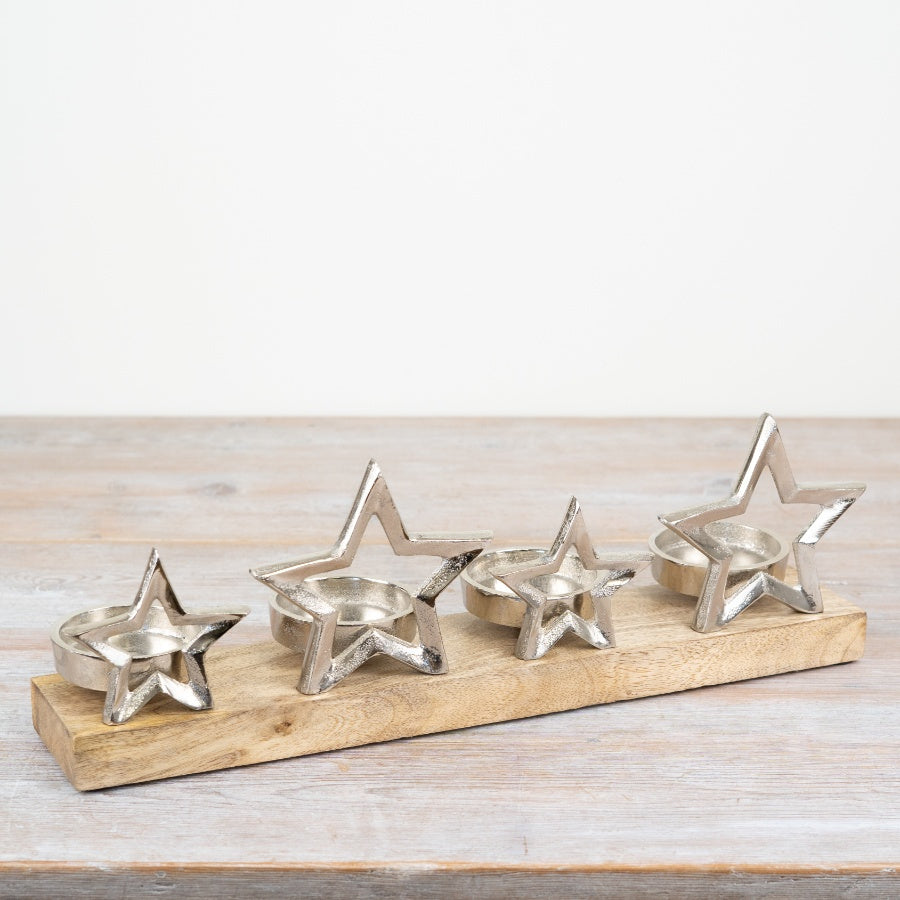 43cm Star Candle Holder on Base – Rustic Metal & Wood Christmas Decoration