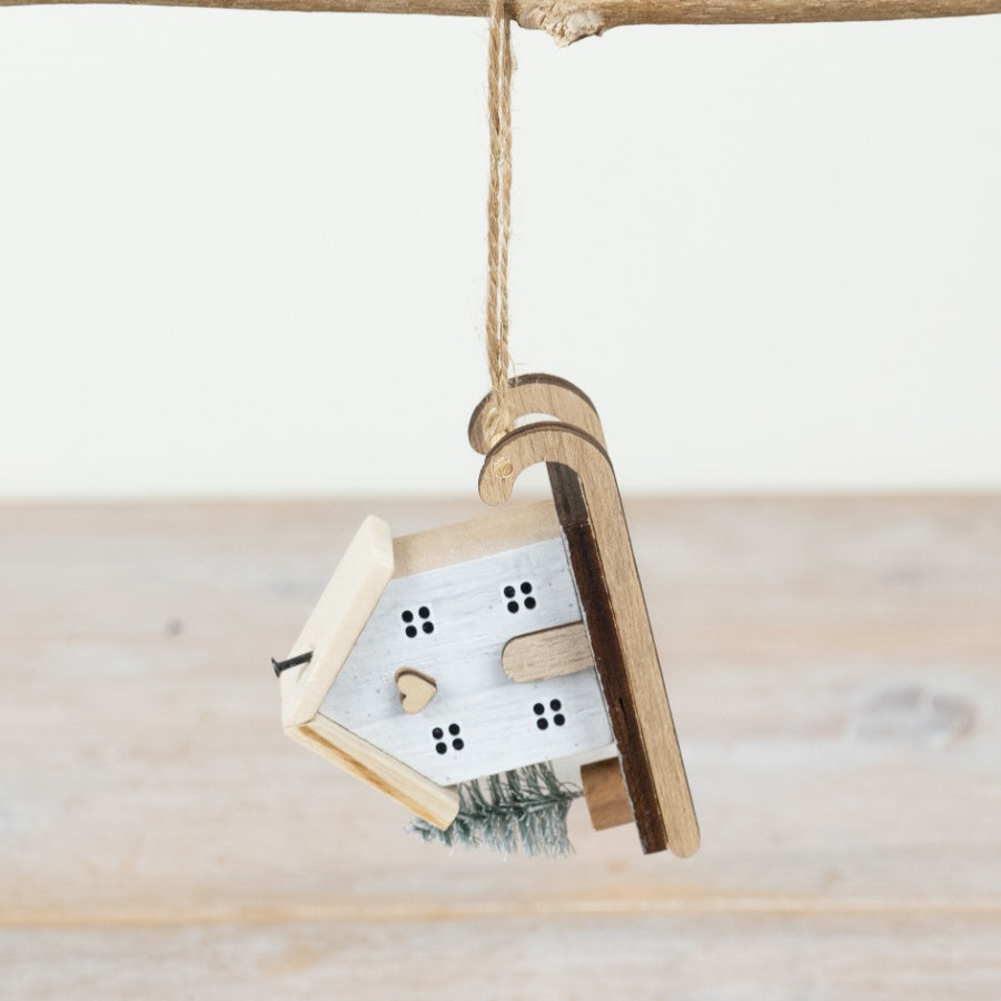 Wooden House on Sleigh Hanger – 8cm Festive Christmas Decoration with Jute String