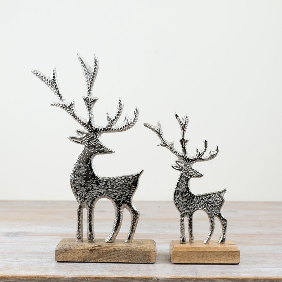 Metal Reindeer Ornament 23cm Aluminium on Wood Base Christmas Decoration