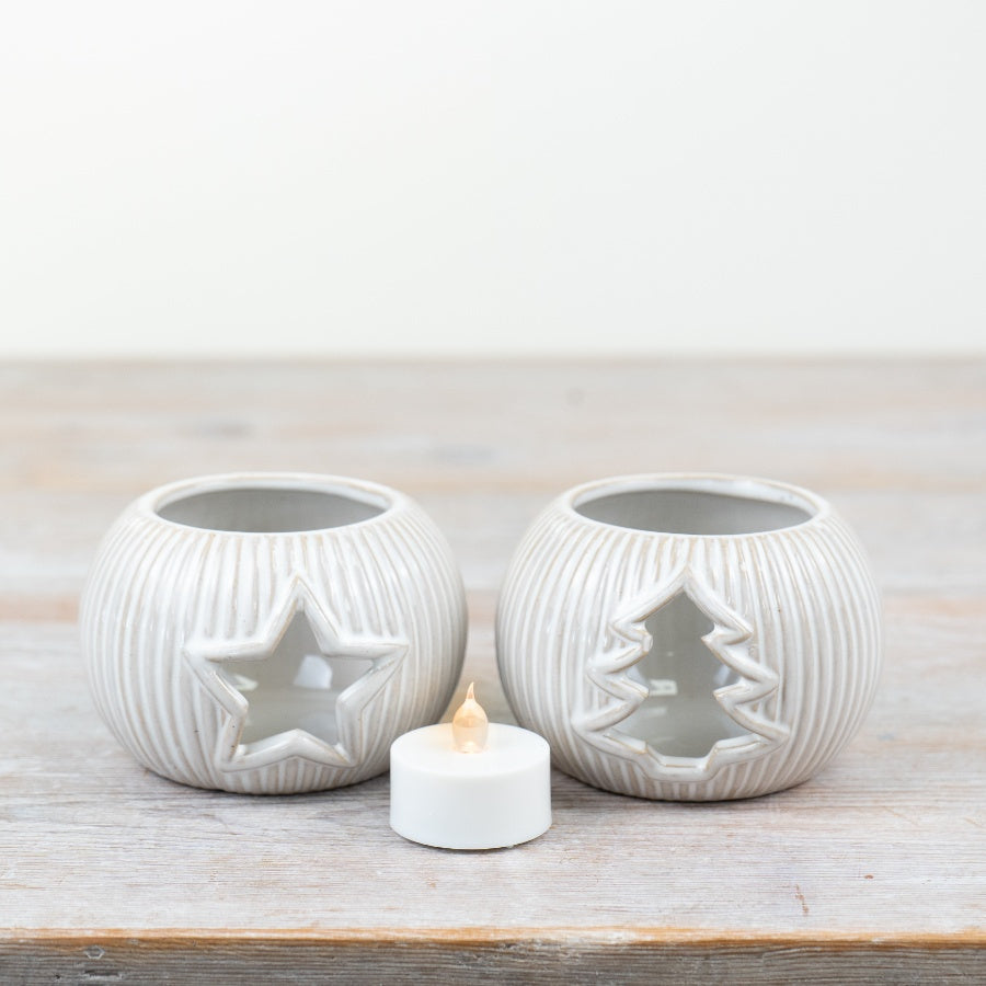 Neutral Tree Candle Holder – 9.5cm Ceramic Tealight Holder with Christmas Tree Cut-Out
