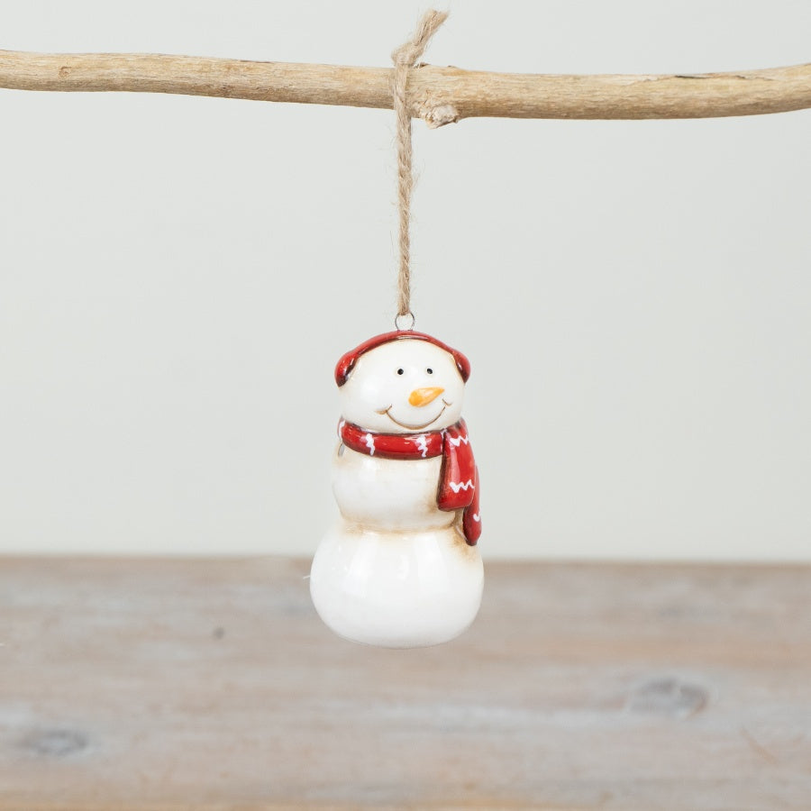 Red & White Snowman Hanging Decoration 8cm – Ceramic Christmas Ornament, Festive Home Decor for Tree and Seasonal Display