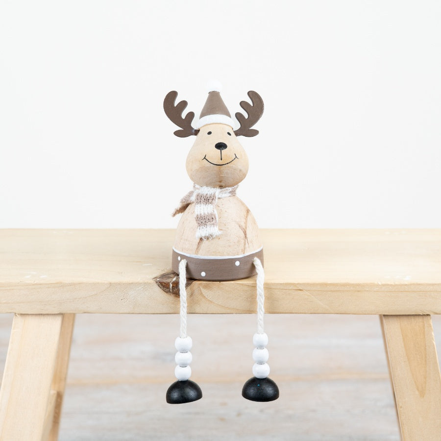 Wooden Reindeer Sitter 11cm – Cute Christmas Reindeer Ornament with Metal Antlers Festive Home Decor