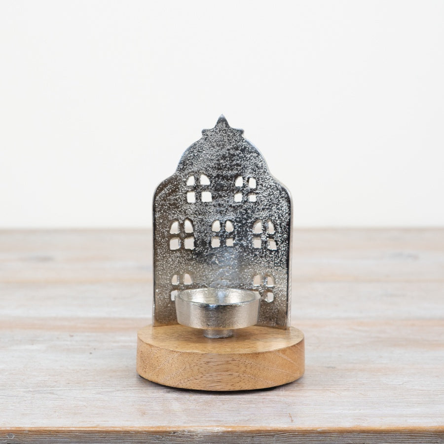 Metal House T-Light Holder 15cm Aluminium & Wood Candle Lantern, Rustic Home Décor