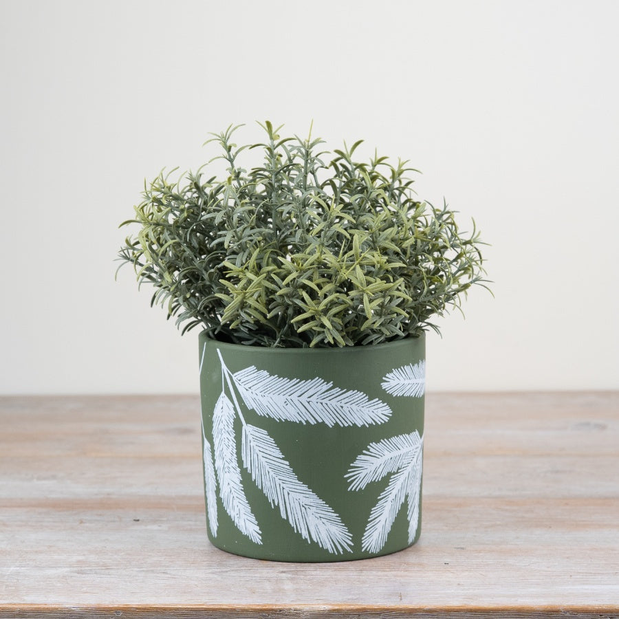 Terracotta Leaf Planter 13.5cm – Ceramic Plant Pot with Green & White Botanical Design, Rustic Indoor Planter